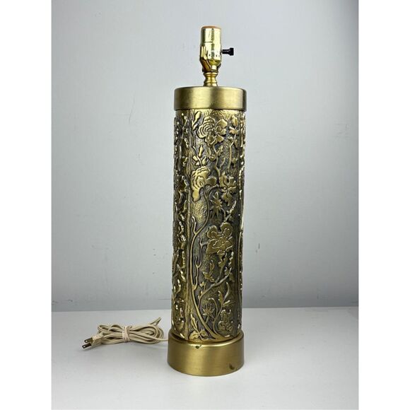 Vintage Embossed Floral Brass Lamp Artillery Shell Style - No Shade- 21in - Picture 7 of 10